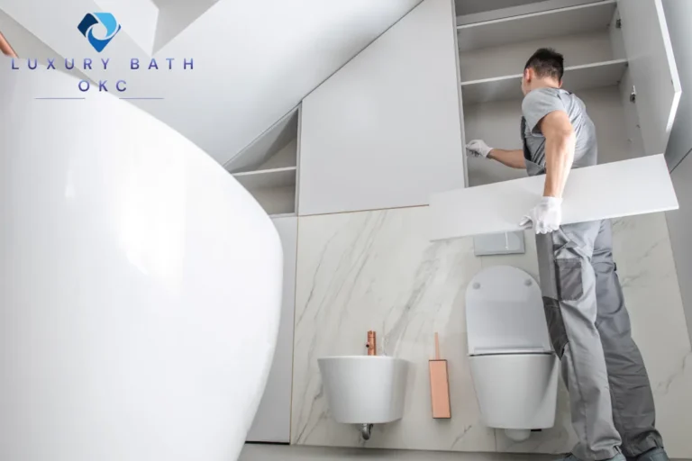 Man Installing Bathroom Interior Finishing